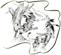 Two wemics engaging in combat, shown in "Ecology of the Wemic". Illustration by Schwartz (1990).