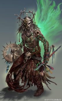 An undead spellcaster, with rotten clothing and flesh, and magical energy swirling around them.